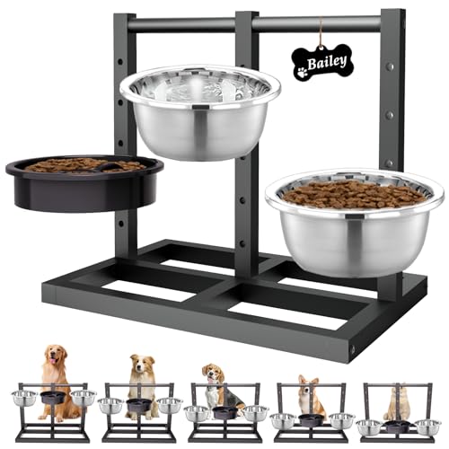 Elevated Dog Bowls Stand for Medium Large Dogs, 5 Adjustable Height Metal Raised Dog Bowl Stand 3 Food Water Bowls and Slow Feeder Bowl with Non-Slip Feet