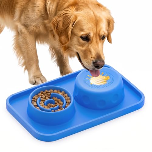 2-in-1 Dog Slow Feeder and Lick Ball Bowl, Interactive Puzzle Anti-Choking Pet Slow Eating Bowl with Treat Licking Rolling Ball, Spill-Proof Silicone Mat Feed Station for Dogs and Cats- Sky Blue