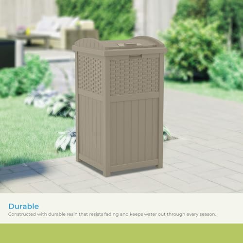 Suncast Wicker Resin Outdoor Hideaway Trash Can with Latching Lid for Use in Backyard, Deck, or Patio, Dark Taupe - color: Dark Taupe