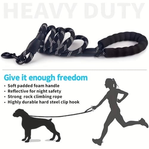 1 Pack 6 FT Heavy Duty Rope Dog Leash, 1/2 Inch Thick Reflective Pet Lead with Padded Handle for Large Medium Breeds, Walking & Training Gear, Black