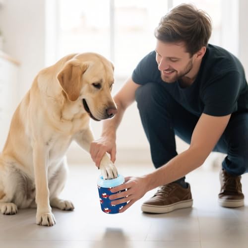 Sports Soccer Ball Blue Print Dog Paw Cleaner Cup with Soft Silicone Brush, Lightweight Portable Small Muddy Paw Washer for Dogs, Easy to Use Pet Foot Cleaner