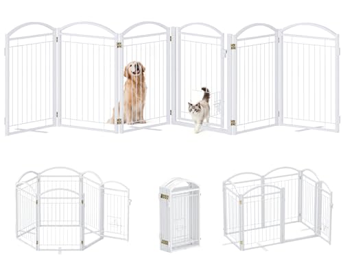 Full Metal Freestanding Dog Gate with Cat Door for Indoor & Outdoor,30" Tall Foldable Dog Fence,120" Extra Wide Free Standing Pet Gate for Large Openings,Stairs,Deck,Yard,Doorways(White) - color: White, size: 120"W×30"H