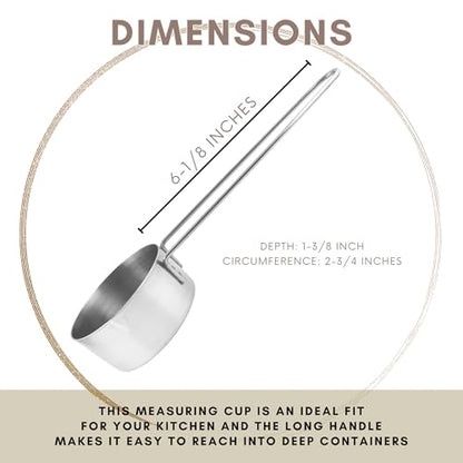 1/2 Cup Stainless Steel Measuring Cup, Long 6" Wire Loop Handle and Pour Spout | Sturdy Metal 125 ml | 125 cc | 4 oz | Single Cup for Wet and Dry Ingredients | Great for use as 1/2 Cup Dog Food Scoop - size: 1/2 Cup Long Handle
