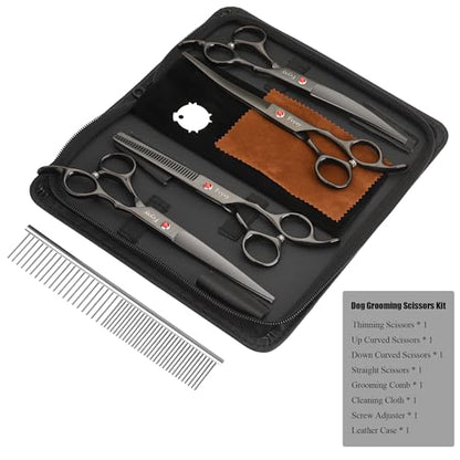 Dog Grooming Scissors Kit, Fcysy Professional Pet Hair Cutting Shears Set with Curved & Straight Blades Scissors Thinning Shears– Stainless Steel Grooming Tools for Dogs & Cats at Home
