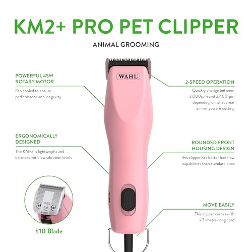 Wahl Pro Animal KM2+ Corded Clipper - Pet Clippers for Cats, Dogs & Horses - Premium Grooming Tools - 2 Speeds & 14-Foot Cord - Pink