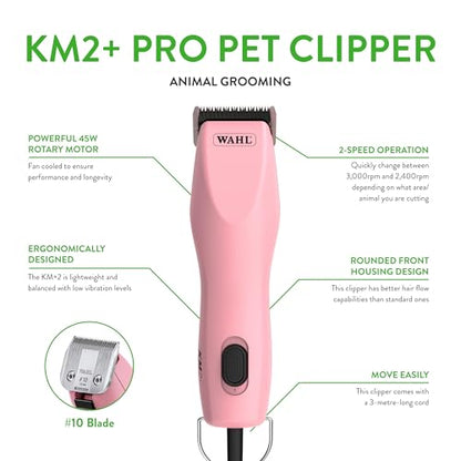Wahl Pro Animal KM2+ Corded Clipper - Pet Clippers for Cats, Dogs & Horses - Premium Grooming Tools - 2 Speeds & 14-Foot Cord - Pink