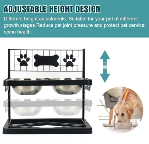 Elevated Dog Bowls Raised Pet Feeder Adjustable Dog Bowl Stand with Stainless Steel Bowls and ABS Frame, Double Dog Feeding Station with Paw Print Bone Decor for Medium Large Dogs