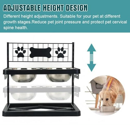 Elevated Dog Bowls Raised Pet Feeder Adjustable Dog Bowl Stand with Stainless Steel Bowls and ABS Frame, Double Dog Feeding Station with Paw Print Bone Decor for Medium Large Dogs