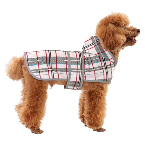 Dog Raincoat, Waterproof Dog Rain Jacket with Hood, Adjustable Rain Coat Poncho with Reflective Strips & Leash Hole for Large Medium Small Dogs Puppies, Lightweight Pet Clothes - color: Khaki Plaid, size: X-Small