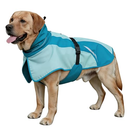 Waterproof Dog Raincoat, Windproof Breathable High Collar Rain Jacket with Leash Hole, Adjustable Pet Rain Coat with Reflective Stripes for Small Medium Large Dogs - color: Light Blue&Blue, size: Medium