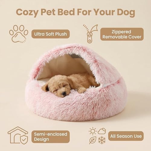 Cozy Zipper Convertible Cat Bed Cave, 2 in 1 Round Plush Donut Dog Bed with Removable Hood, Warm Fuzzy Enclosed Pet Nest Bed for Small Dogs Kittens, Machine Washable (Pink, 19.7 in Small Size) - color: Pink, size: 19.7 in Small Size