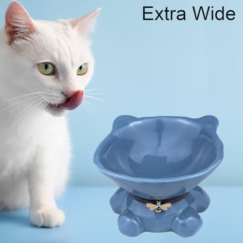Cat Bowl Elevated Cat Bowls Whisker Friendly Cute Ceramic Tilted Food Bowls for Indoor Cats 5.4 Inch Wide 15° Raised Kitten Supplies Dishwasher and Microwave Safe Blue Cats Water Bowl - color: Blue Cute Ceramic Cat Food Bowl