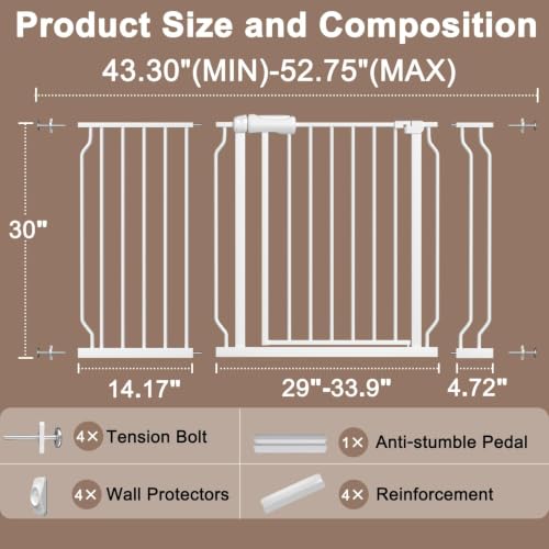 WAOWAO Baby Gate 110-134cm(43.3-53인치) 엑스트라 와이드 압력 장착 워크 스루 스윙 자동 닫힘 안전 화이트 메탈 유아 어린이 개 애완동물 강아지 계단, 출입구, 주방용 - color: 화이트., size: 43.3-52.75"/110-134cm