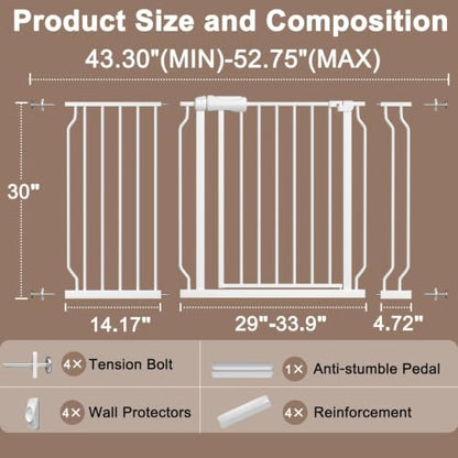 WAOWAO Baby Gate 110-134cm(43.3-53인치) 엑스트라 와이드 압력 장착 워크 스루 스윙 자동 닫힘 안전 화이트 메탈 유아 어린이 개 애완동물 강아지 계단, 출입구, 주방용 - color: 화이트., size: 43.3-52.75"/110-134cm