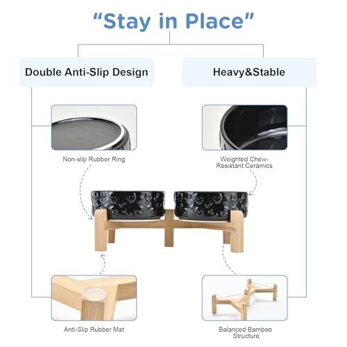 SPUNKYJUNKY Elevated Dog Bowls Ceramic, 5.1'' Dogs and Cat Food Water Bowls Raised with Non-Slip Bamboo Stand for Puppy Small Sized Breed Microwave Dishwasher Safe - 13.5 OZ,Skull Black - color: Black- Skull, size: 5.1 in - 1.7 cups