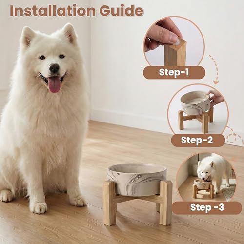 hjn Elevated Ceramic Dog Bowl with Bamboo Stand, Raised Pet Feeding Station for Small Medium Dogs Cats, Modern Design with Anti-Slip Base (Marble Brown, 7.6Cup) - color: Marble Brown, size: 7.6Cup