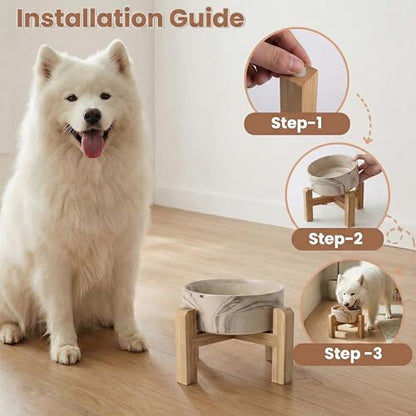 hjn Elevated Ceramic Dog Bowl with Bamboo Stand, Raised Pet Feeding Station for Small Medium Dogs Cats, Modern Design with Anti-Slip Base (Marble Brown, 7.6Cup) - color: Marble Brown, size: 7.6Cup