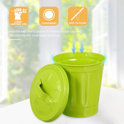 VOSAREA Desk Trash Can with Lid, Iron Metal Wastebasket Small Garbage Bin and Retro Flower Pot for Bathroom Bedroom (4.32 Inch Green) - color: Green