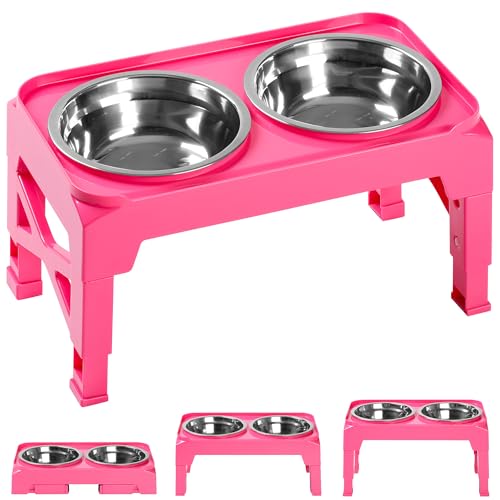 Hubulk Elevated Dog Bowls with 2 Stainless Steel Dog Food & Water Raised Bowls with No Spill Edge Non-Slip Stand Adjusts to 3 Heights(2.75", 6.0", 7.5") for Small Medium Dogs and Pet - color: Pink, size: S (6" for Small Dogs)