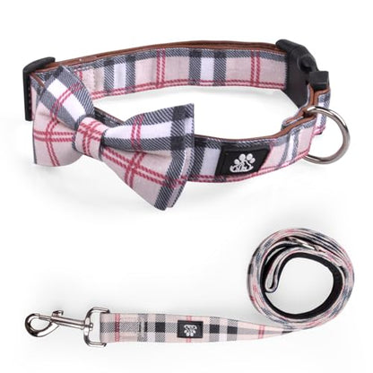 IVY&LANE Dog Collar with Bowtie and Leash Set | Plaid Adjustable Dog Collar | Detachable Bow Tie |5 FT Dog Leash | for Small Medium Large Dogs | Checkered Beige | Small - color: Checkered Beige, size: S