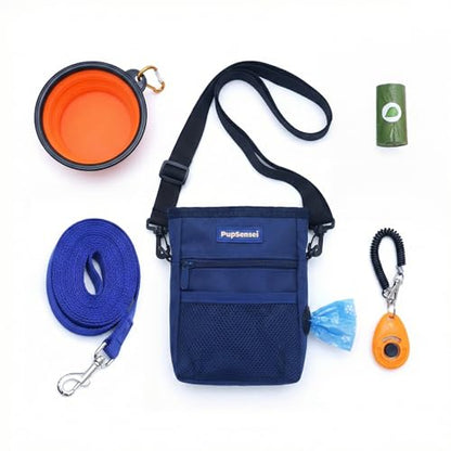 Dog Training Kit & Puppy Starter Set with 30ft Long Leash – Complete Recall System w/Magnetic Treat Pouch, Clicker, Collapsible Bowl & Waste Bags – Professional Tools (Navy Blue) - color: Complete Recall System - Navy Blue