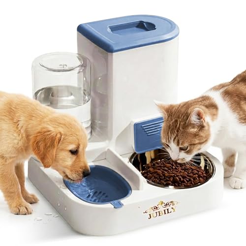 Automatic Cat Feeder & Water Dispenser – Gravity Cat Feeding Station with Stainless Steel Bowl, 2.2L Food & 1L Water Capacity, Automatic Pet Feeder for Cats & Small Dogs (Blue) - color: Blue