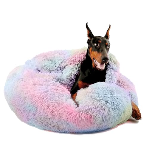 Himax Dog Beds for Large Dogs, Donut Dogs Beds with Blanket Attached, Calming Round Dog Bed Washable(20"/26"/35") Multicolor - color: Multicolored, size: 35.0"L x 35.0"W x 10.0"Th