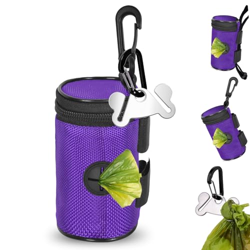 Dog Poop Bag Holder for Leash Attachment - Waste Bag Dispenser for Leash - Fits Any Dog Leash - Portable Set with Hand Free Holder Metal Carrier, Round Shape, Purple - color: Purple