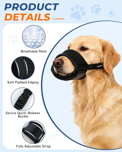 Soft Dog Muzzle for Anti Biting & Barking – Secure & Breathable Mesh Mouth Guard for Grooming, Vet Visits, and Walks - Fits Small, Medium, Large Sized Dogs (Black-L) - size: L