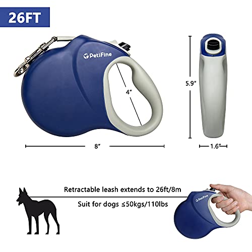 PetiFine 26ft/8m Heavy Duty Retractable Dog Leash for Large Dogs,Strong Extendable Dog Leash Up to 110 lbs, Reflective Nylon Tape Tangle Free (Blue) - color: Blue