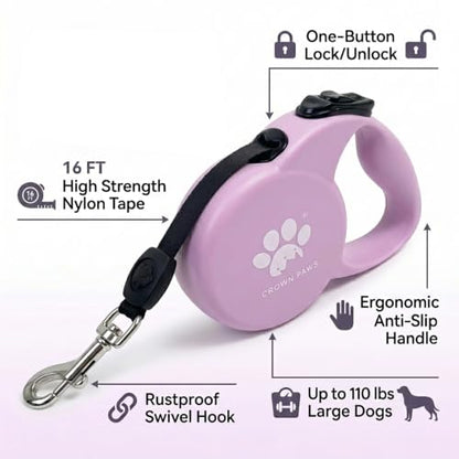 Chew Proof Retractable Dog Leash for Large Dogs, 16ft Heavy Duty Dog Lead with Anti-Chewing Steel Wire Rope, Tangle-Free 360° Swivel, One-Hand Brake & Lock, Pink L - color: Pink, size: Large