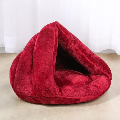 Pet Tent Cave Bed for Small-Medium Dogs & Cats – Thick Fleece Warm Burrow House with Removable Hood | Cozy Igloo Nest for Puppies & Kittens – Soft Cuddler Sleeping Bag(Red) - color: Red
