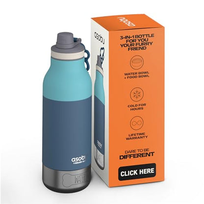 Asobu Buddy Bottle a 스테인리스 스틸 단열 물병, 탈착식 개 물병 및 개 사료 및 간식 보관 그릇 포함 (파스텔 그린, 963.9g(34온스) - color: 파스텔 블루