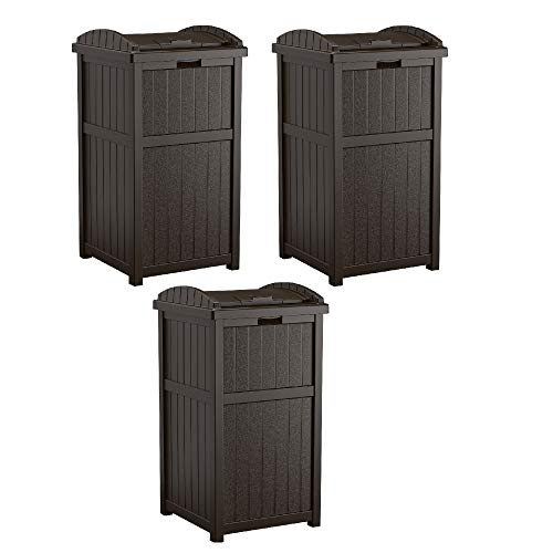 Suncast 3 Pack 33 Gallon Durable Plastic Hideaway Outdoor Garbage Can with Secure Lid & Wicker Design for Home Backyards, Decks, or Patios, Java Brown - color: Java Brown, size: 3 Pack