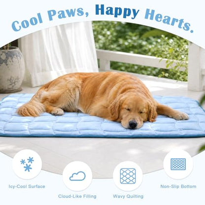 JOLLYVOGUE Cooling Mat for Dogs, 28" x 22" - Small Dog Cooling Mat, Wavy Quilted Kennels Bed with Non-Slip Base, Machine Washable Indoor Outdoor Summer Sleeping Mat, Blue - size: Small: 28"x22"