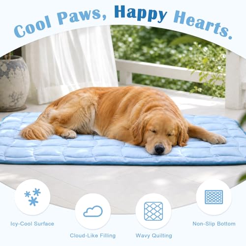 JOLLYVOGUE Cooling Mat for Dogs, 28" x 40" - Large Dog Cooling Pad, Wavy Quilted Kennels Bed with Non-Slip Base, Machine Washable Indoor Outdoor Summer Sleeping Dog Mat, Blue - size: Large: 28"x40"