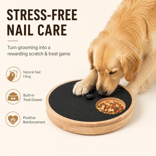 Dog Nail Scratch Board with Treat Drawer,Round Solid Wood Dog Scratch Pad, Stress-Free Nail File Board Alternative to Clippers & Grinders for Small Medium Large Dogs - size: Round