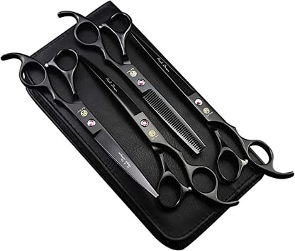 Purple Dragon Professional 7.0 inch 4PCS Pet Grooming Scissors Kit Japan Premium Steel Straight, Curved & Thinning Blade Dog Hair Cutting Shears Set with Case - color: Matte Black