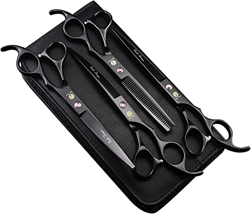Purple Dragon Professional 7.0 inch 4PCS Pet Grooming Scissors Kit Japan Premium Steel Straight, Curved & Thinning Blade Dog Hair Cutting Shears Set with Case - color: Matte Black