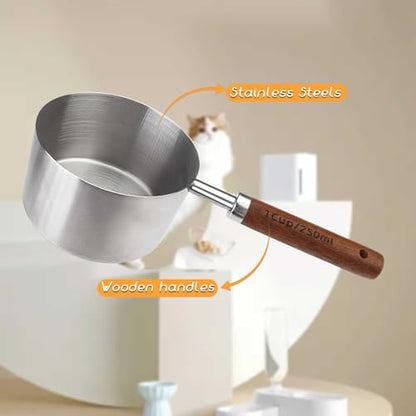 4 Packs Dog Food Scoop Measuring Cup with Wooden Handle, Stainless Steel Pet Food Scoop Dog Food Measuring Cup for Dogs Cats Birds and Rabbits, 1 Cup, 1/2 Cup, 1/3 Cup and 1/4 Cup 4 Packs