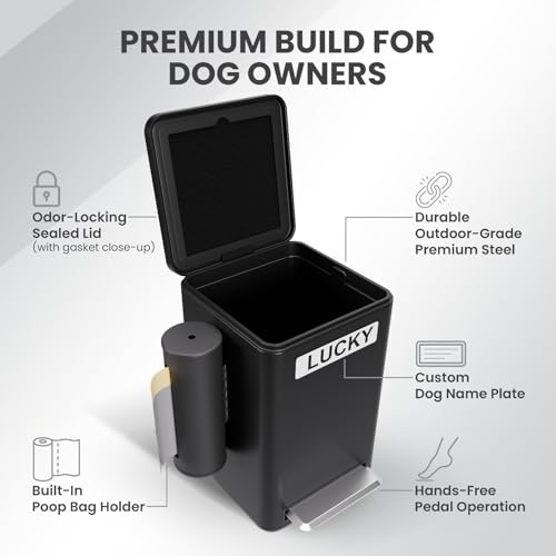 Dog Poop Trash Can Outside, 6L Metal Outdoor Dog Waste Bin with Lid & Soft Close Pedal, Pet Waste Container with Charcoal Filter, Removable Inner Bucket, Bag Holder, Stickers & Custom Name Plate