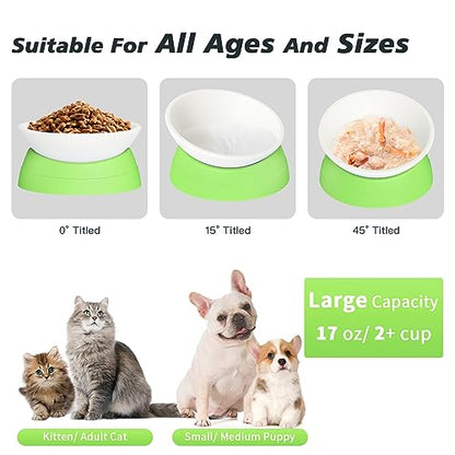 Elevated Cat Bowl, Adjustable Raised Slanted Food Bowl for Cats and Small Dogs, Wide Shallow PP Dish with TPR Non Slip Base, Whisker Friendly, 17 oz - color: Milky White, Light Green