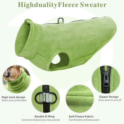 Idepet Dog Fleece Vest Sweater Zip Up Warm Pullover Dogs Jacket with D-Ring Leash Winter Cold Weater Coat Pet Sweatershirt Clothes Hoodie for Small Medium Dogs Boy Girl(Green,XXS) - color: Green, size: XXS