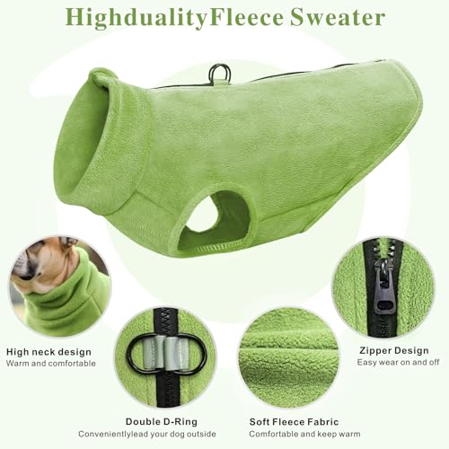 Idepet Dog Fleece Vest Sweater Zip Up Warm Pullover Dogs Jacket with D-Ring Leash Winter Cold Weater Coat Pet Sweatershirt Clothes Hoodie for Small Medium Dogs Boy Girl(Green,XS) - color: Green, size: XS