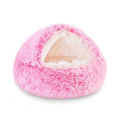 NOYAL Round Hooded Donut Dog Bed for Small & Medium Pets - Plush Fluffy Anti-Anxiety Cat Cave Bed with Cover - color: Gradient Pink, size: X-Small 15.7''