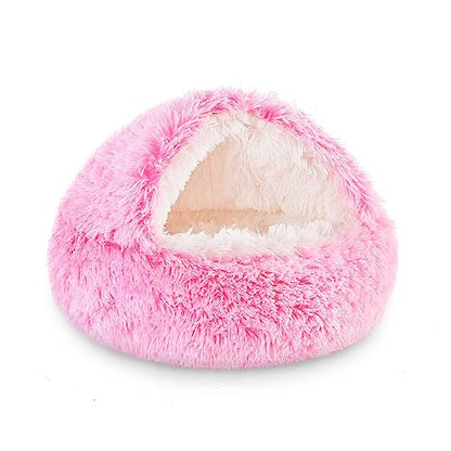 NOYAL Round Hooded Donut Dog Bed for Small & Medium Pets - Plush Fluffy Anti-Anxiety Cat Cave Bed with Cover - color: Gradient Pink, size: X-Small 15.7''