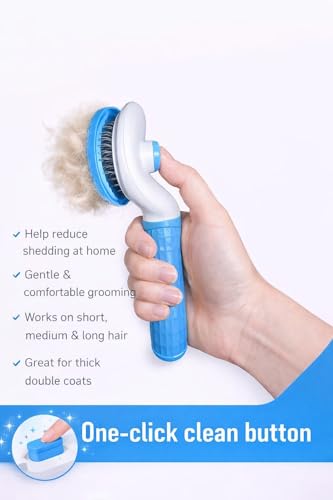Self Cleaning Slicker Brush for Dogs & Cats – Deshedding Grooming Tool with One Click Hair Removal – Gentle for Sensitive Skin - color: Blue