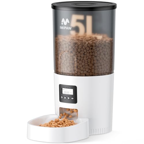 IMIPAW Automatic Cat Feeders, 5L Large Capacity, Timed Feeding Dry Food, Dual Power Design, Programmable Portion Size, 1-6 Meals Per Day, with Desiccant Packet, Suitable for Small Pets Food Dispenser - color: White, size: 5L