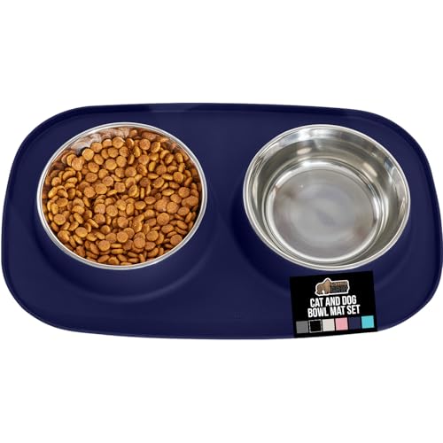 GORILLA GRIP Dog Bowl Set with Slip Resistant Silicone Feeding Mat, Food Grade 304 Stainless Steel Bowls, BPA Free, High Edge Spill Containment, Dishwasher Safe, Finger Notch Removal, 1 Cup, Navy Blue - color: Navy, size: 1 Cup Bowls