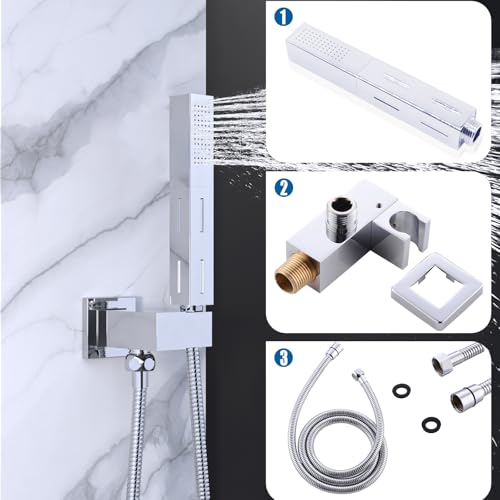 2 Settings Handheld Sprayer High-Pressure Shower Head with 59inch Flexible Hose, Square 2 in1 Model Solid Brass Adjustable Shower Wand Replacement Kit, Polished Chrome - color: Polished Chrome